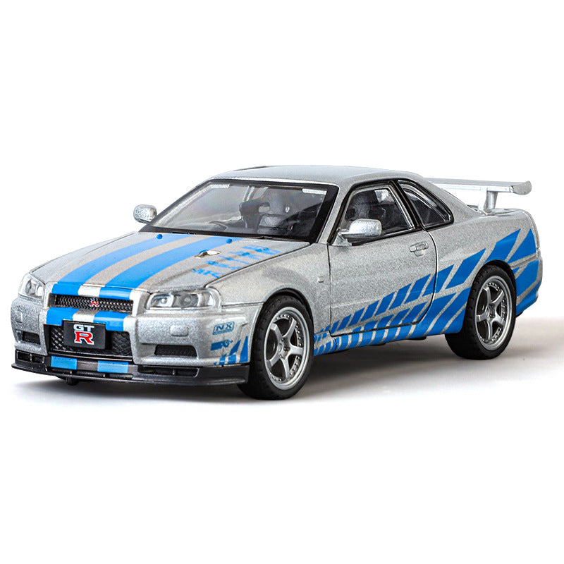 合金汽車型號1至32 Nissan GTR34跑車聲光回拉玩具汽車聲音模型裝飾品代為交貨