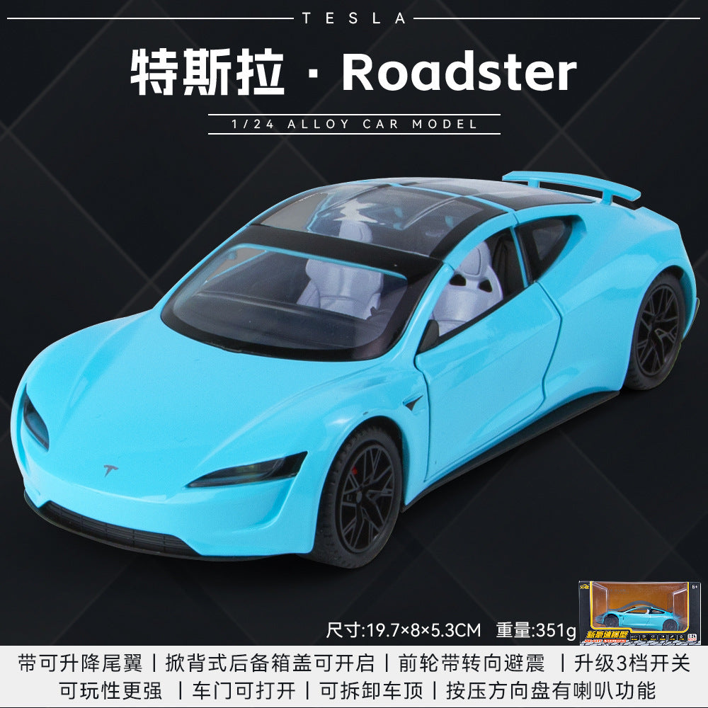 合金汽車模型 1:24 敞篷 tesla 敞篷跑車回力玩具汽車音樂模型裝飾品