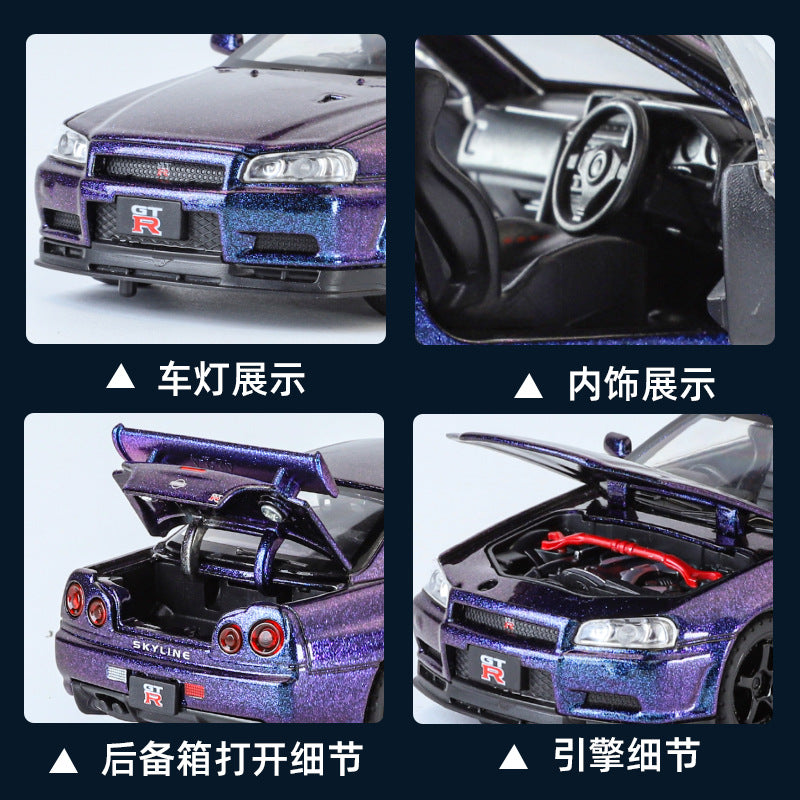 合金汽車型號1至32 Nissan GTR34跑車聲光回拉玩具汽車聲音模型裝飾品代為交貨
