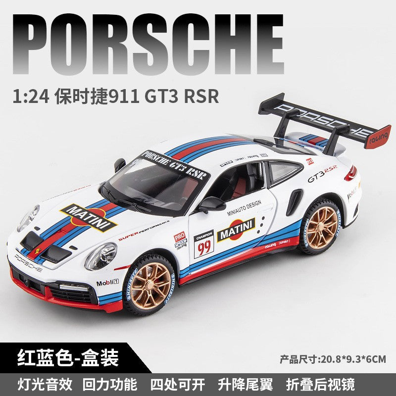 金車模1:24 Porsche 911GT3賽道版聲光回力玩具車音樂模型擺件