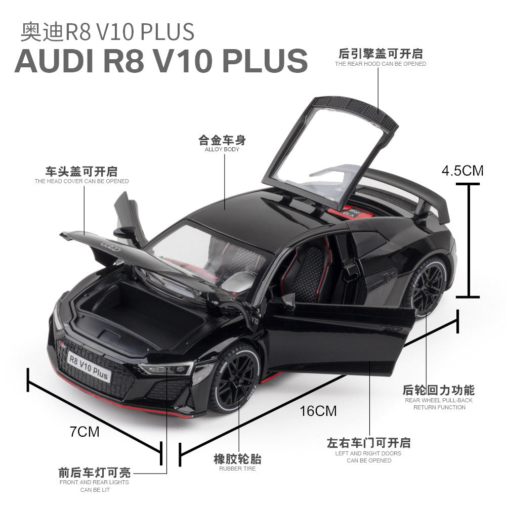 合金車模 Audi R8跑車燈光回力發聲玩具電池車音樂模型擺件藏品