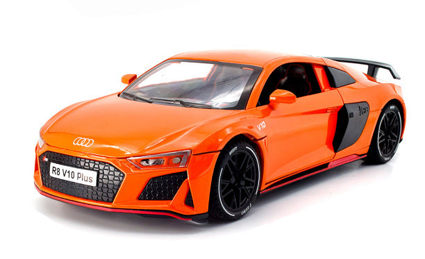 合金車模 Audi R8跑車燈光回力發聲玩具電池車音樂模型擺件藏品