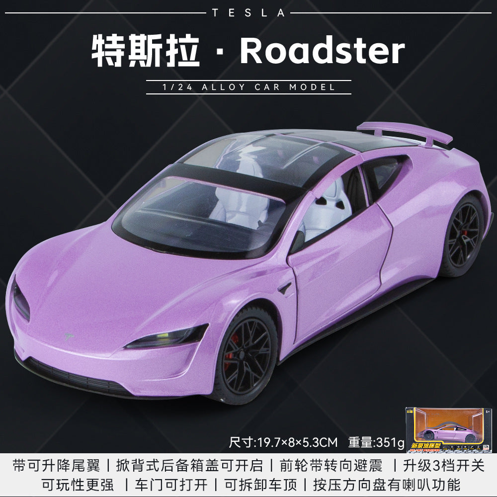 合金汽車模型 1:24 敞篷 tesla 敞篷跑車回力玩具汽車音樂模型裝飾品